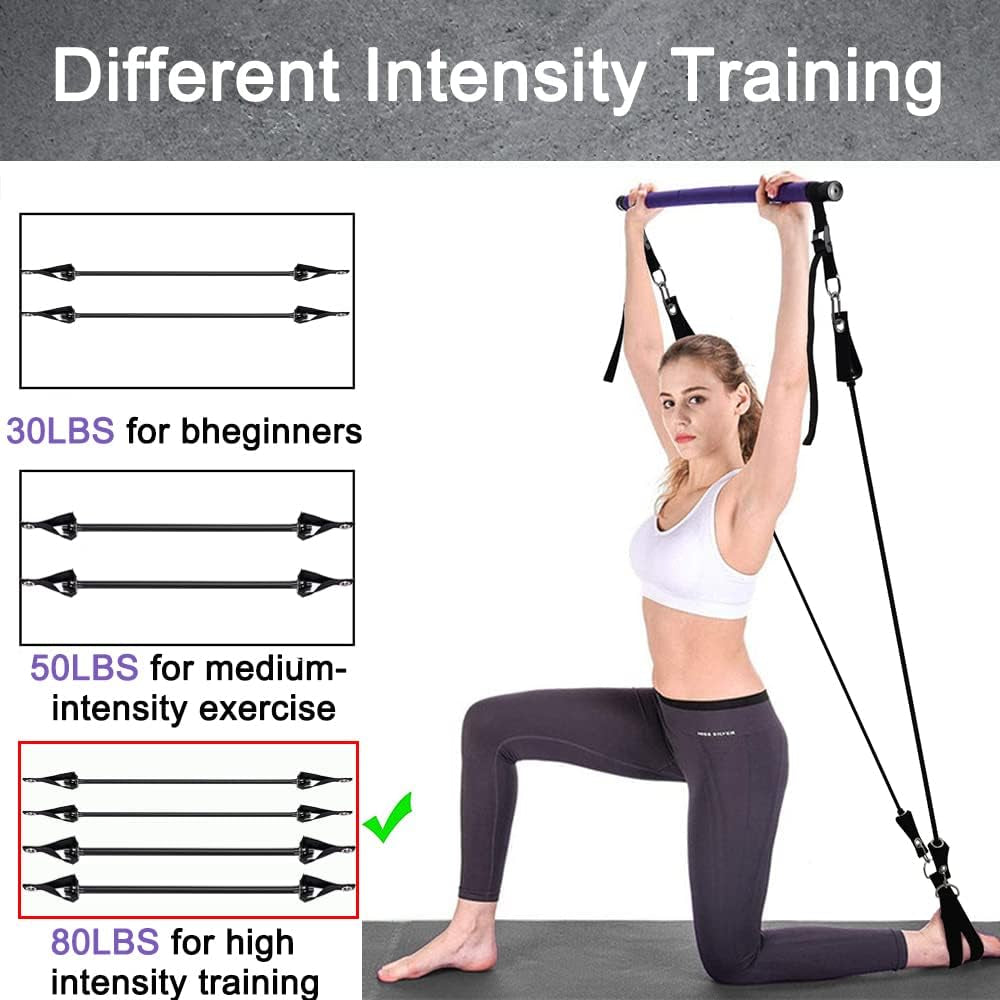 Pilates Bar with Resistance Bands(30&50Lbs),Adjustable Height,Protable at Home Workout Equipment for Women &Men Fitness,Exercise Band Bar,Comfortable Handles and Door Anchor for Resistance Bands Bar