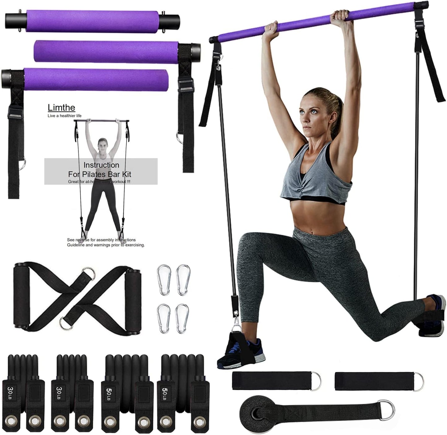 Pilates Bar with Resistance Bands(30&50Lbs),Adjustable Height,Protable at Home Workout Equipment for Women &Men Fitness,Exercise Band Bar,Comfortable Handles and Door Anchor for Resistance Bands Bar