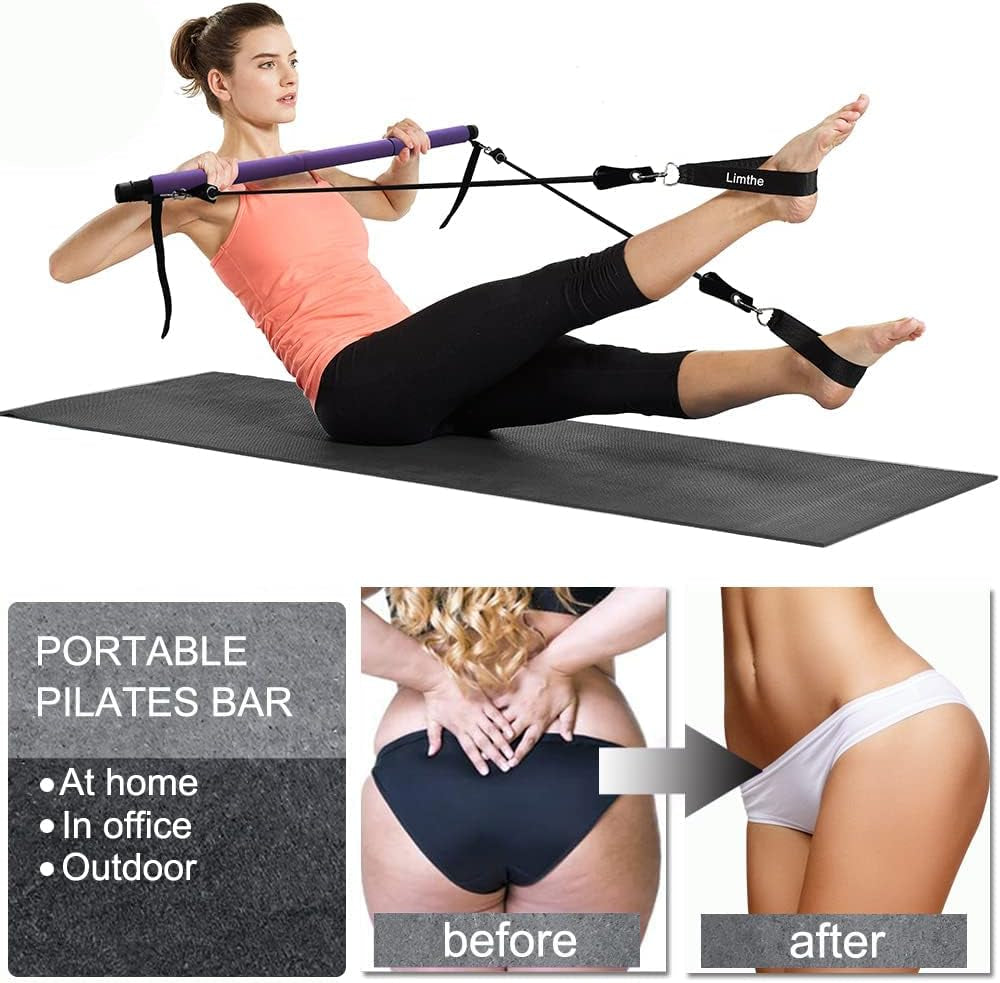 Pilates Bar with Resistance Bands(30&50Lbs),Adjustable Height,Protable at Home Workout Equipment for Women &Men Fitness,Exercise Band Bar,Comfortable Handles and Door Anchor for Resistance Bands Bar