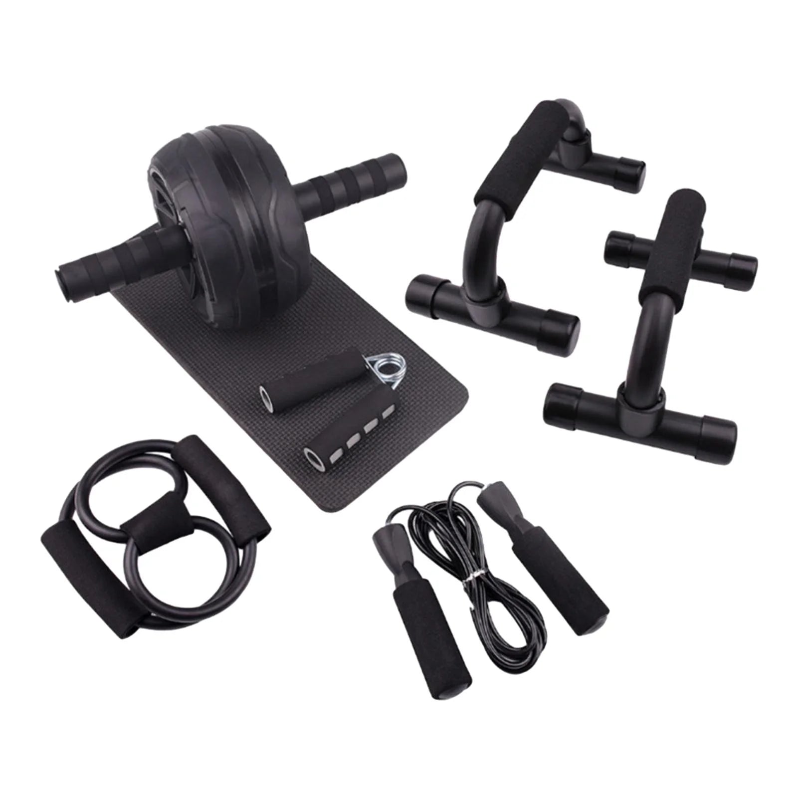 Abs Roller Wheel Indoor Fitness Equipment Set Home Gym Workout Chest Expander Black